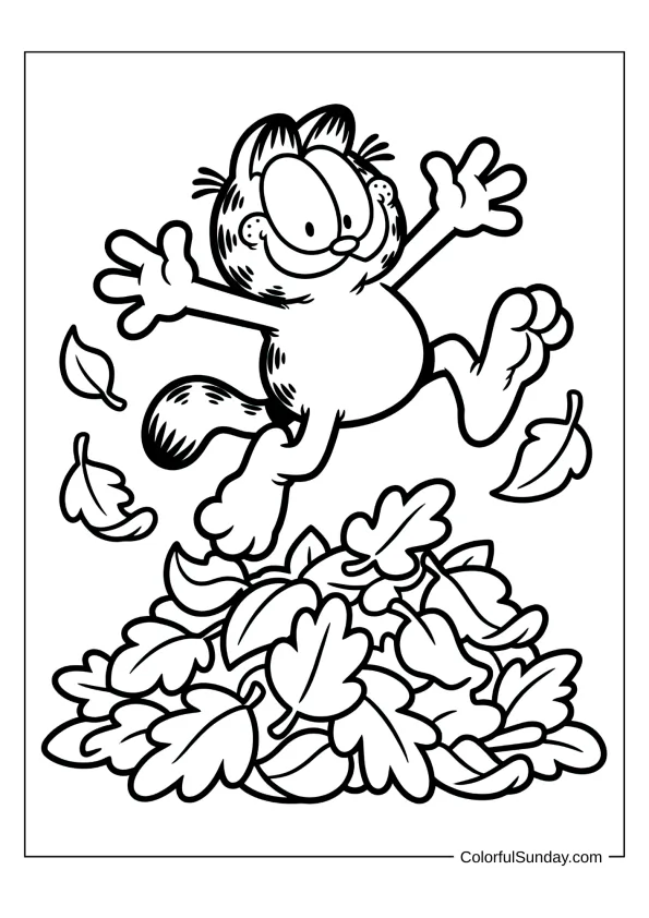 Garfield jumping in a pile of autumn leaves coloring sheet