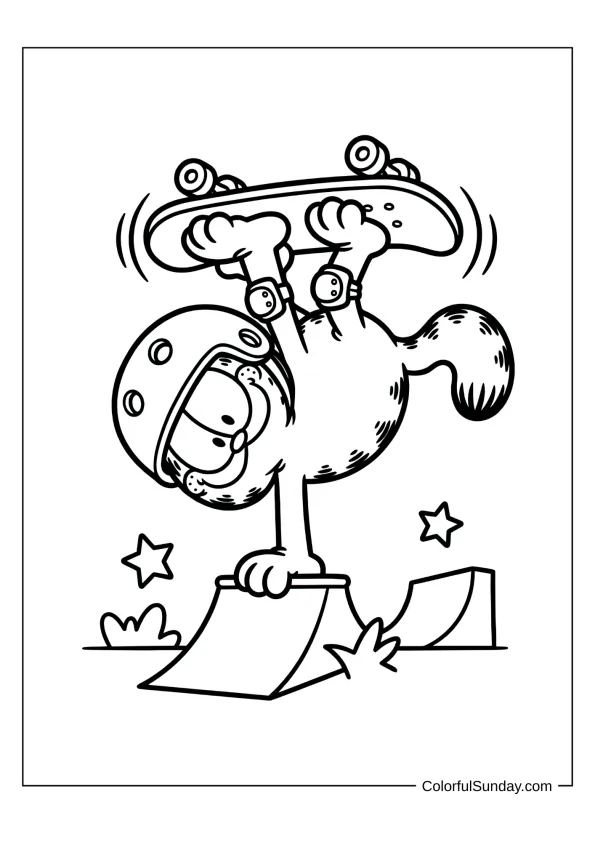 Garfield on a skateboard doing tricks to color
