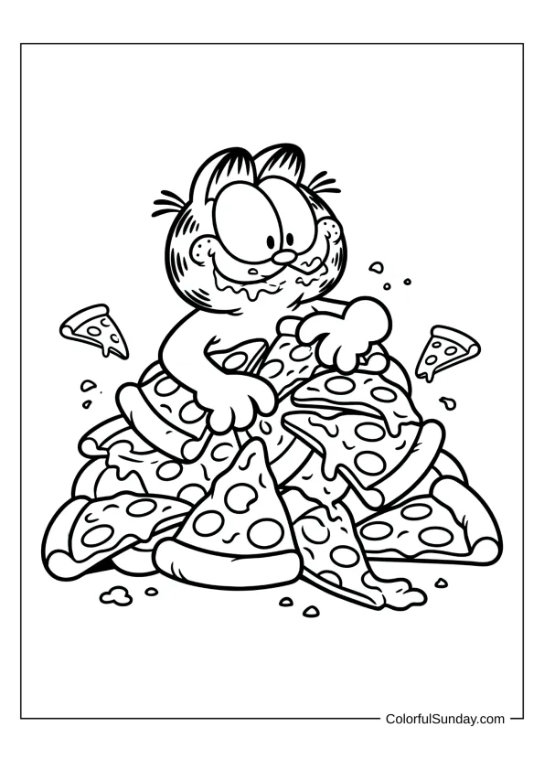 Garfield having a pizza party feast coloring page
