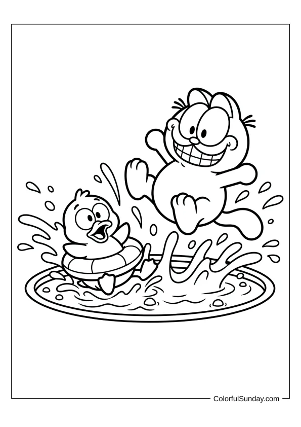 Garfield Pool Party With Wade Coloring Page Garfield having a pool party with Wade coloring page