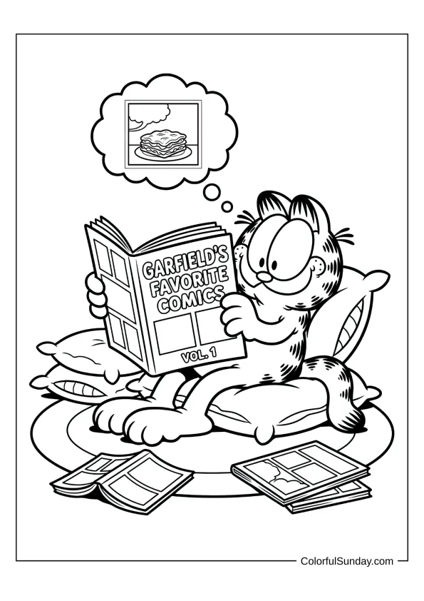 Garfield reading a comic book coloring page