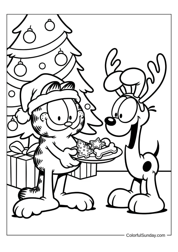 Garfield sharing Christmas cookies with Odie coloring sheet