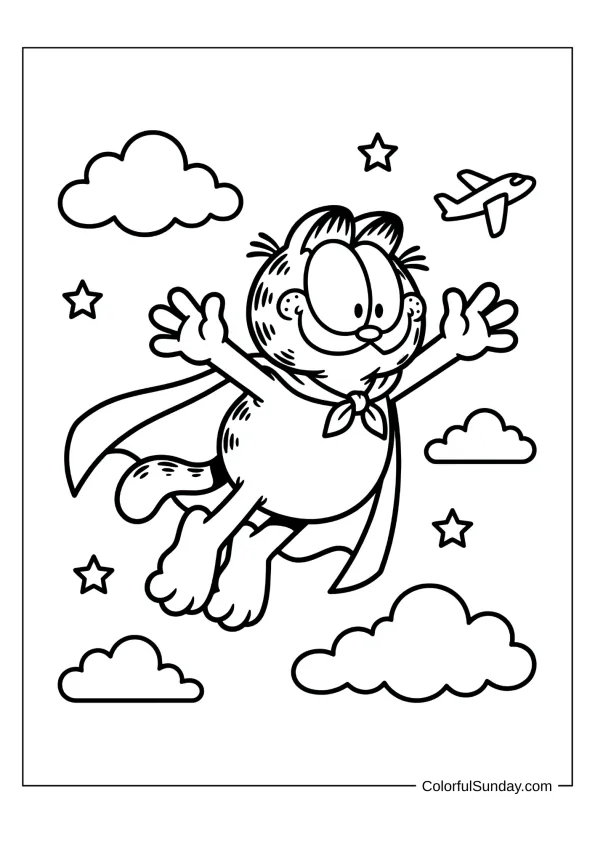 Garfield flying with a superhero cape coloring page