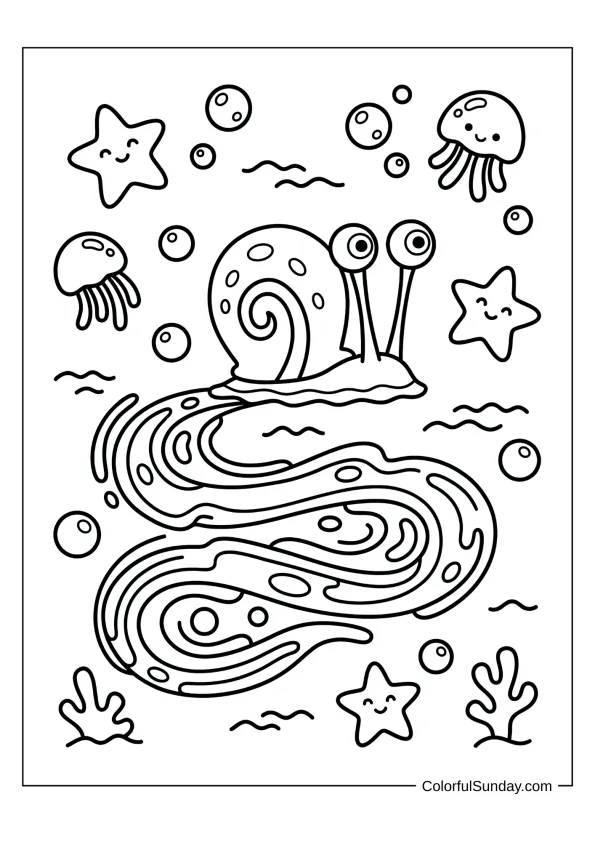 Gary the snail making a trail as he moves in a simple coloring page to color