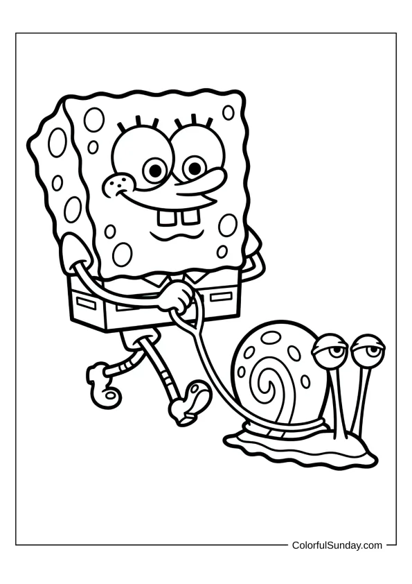 Gary and SpongeBob Walking Coloring Picture SpongeBob walking Gary on a leash as his pet in a cute coloring picture