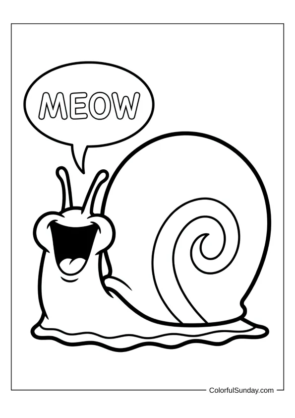 Gary the snail meowing happily with his shell coloring page for kids