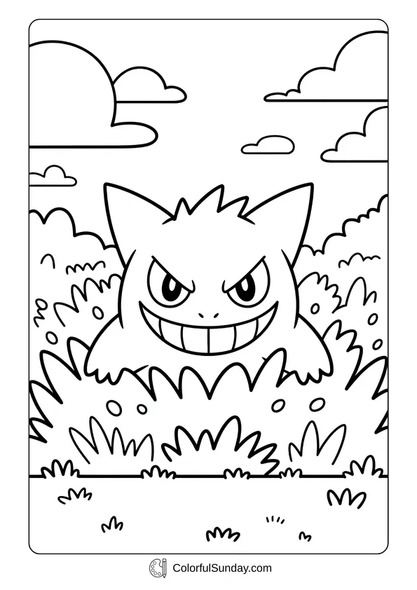 Pikachu From Pokemon Coloring Page Gengar grins mischievously while hiding in the bushes, creating a spooky Pokémon coloring page.