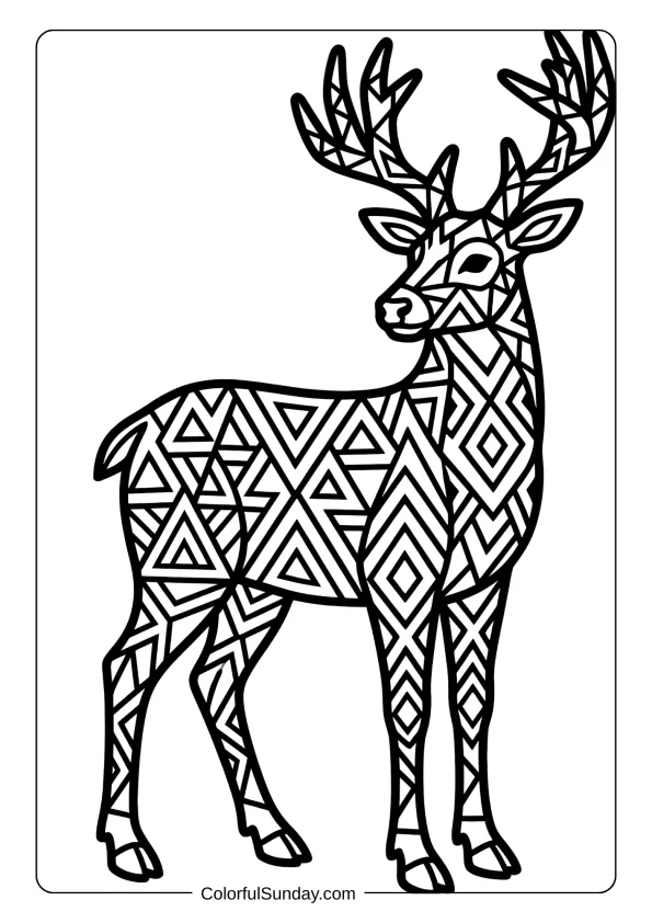 A stylized reindeer coloring picture filled with geometric shapes triangles diamonds and patterns.