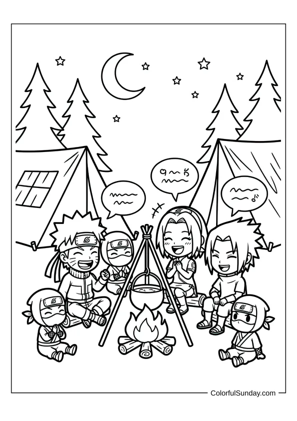Naruto camping with team around fire in cozy coloring page.