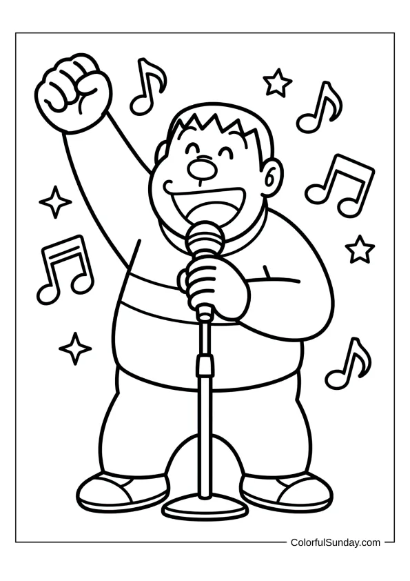 Gian from Doraemon singing loudly on stage coloring page.