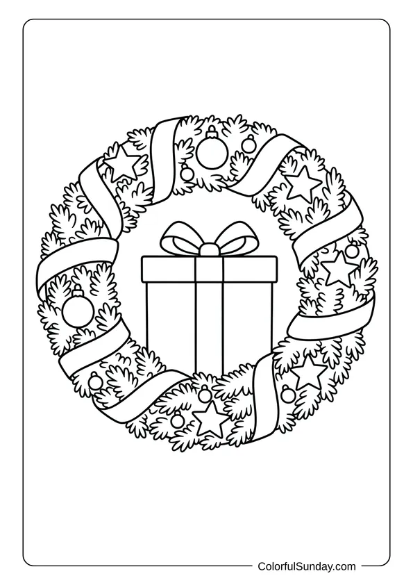 A Christmas wreath coloring page featuring a present box decoration for kids.