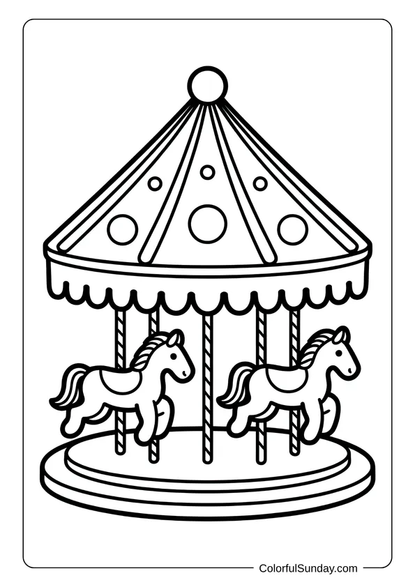 A carousel designed like a gingerbread house with horses spinning around appears in this fun coloring page.