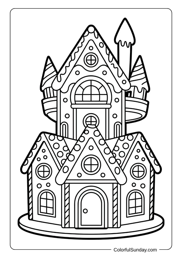 A tall candy castle designed like a gingerbread house stands ready to color in this coloring page.