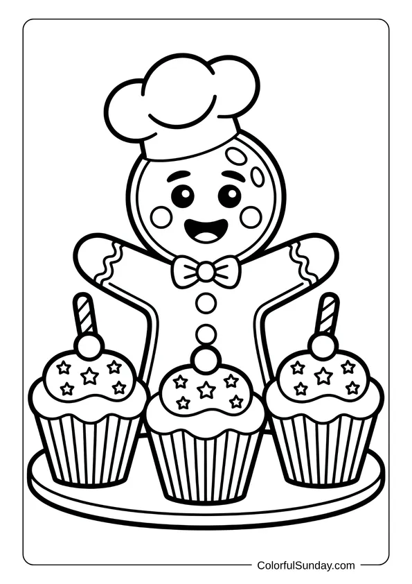 Coloring page featuring a gingerbread chef proudly standing behind a tray of cupcakes.