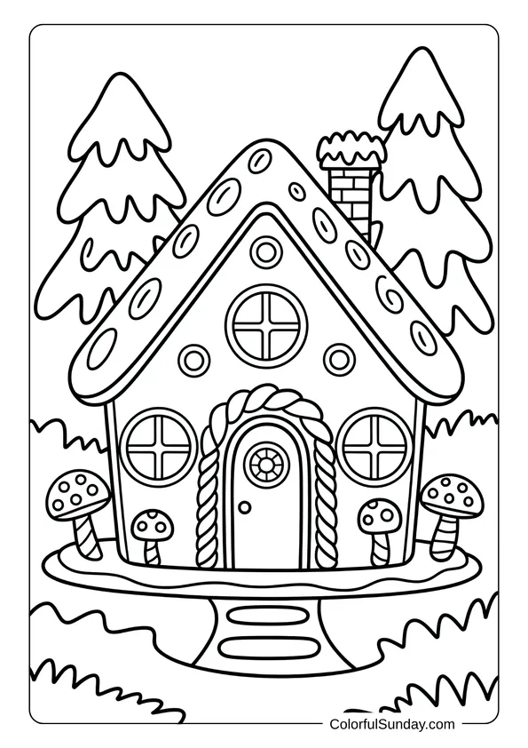 Tall pine trees and playful mushrooms frame a charming gingerbread cottage in a forest coloring page.