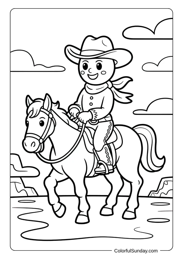 Coloring page of a gingerbread cowboy riding a horse under a big sky.