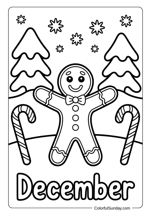 A happy gingerbread cookie surrounded by candy canes and snowy trees in a December holiday coloring page.
