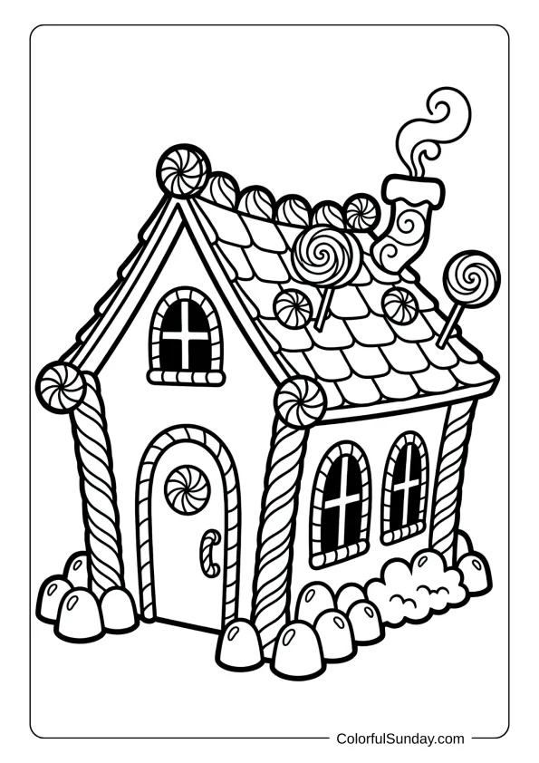 A whimsical gingerbread house with candy cane columns and peppermint stick decorations coloring page.