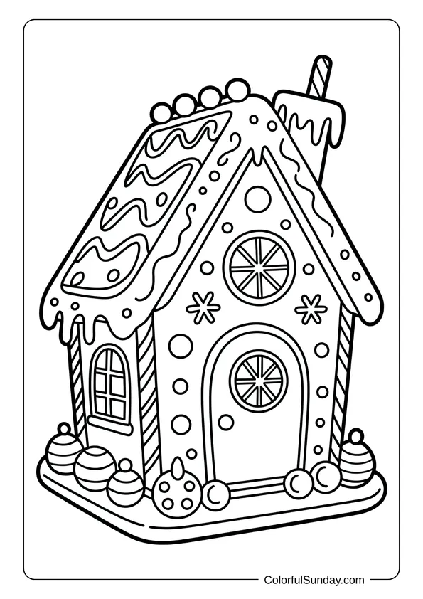 Candy-filled gingerbread house with icing and decorations shown in a fun Christmas coloring page.