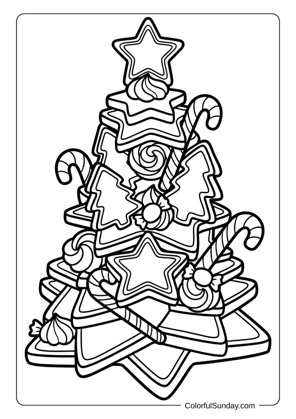 A whimsical Christmas tree made entirely of gingerbread cookies, candy canes, and frosting coloring page