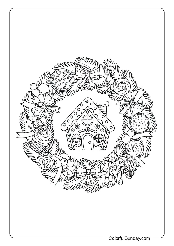 A coloring page of a Christmas wreath with a gingerbread house decoration.