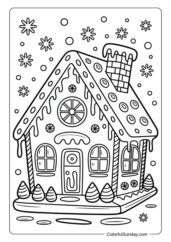 A detailed gingerbread house decorated with icing and candies, featured in a holiday-themed coloring page.