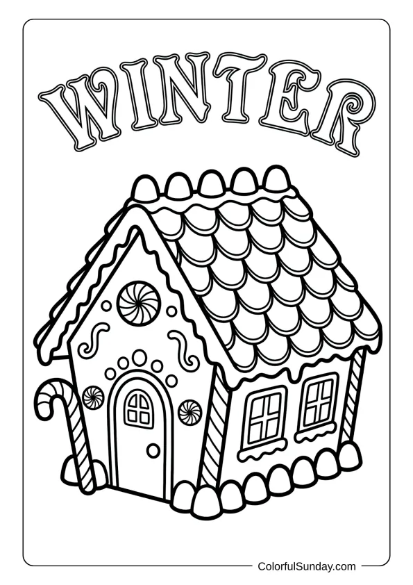 A decorated gingerbread house with candy details in this winter coloring page.
