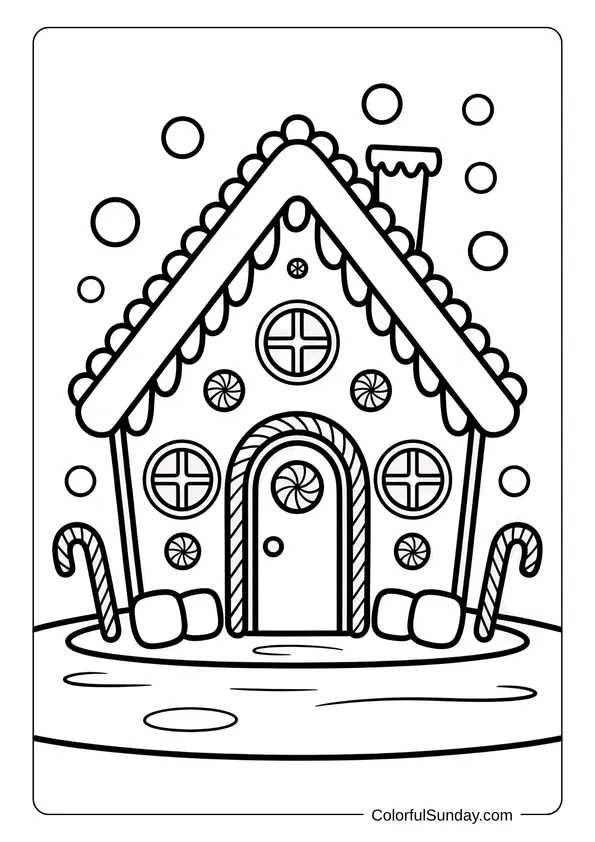 Candy canes and round candies decorate a gingerbread house shown in a coloring page style.