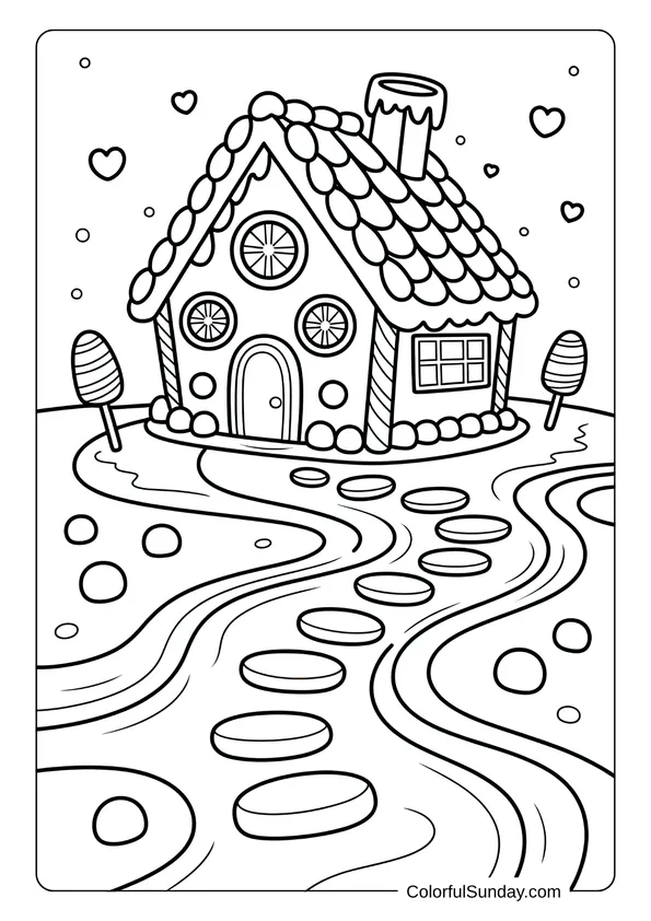 A winding path leads to a gingerbread house surrounded by hearts in a charming coloring page scene.