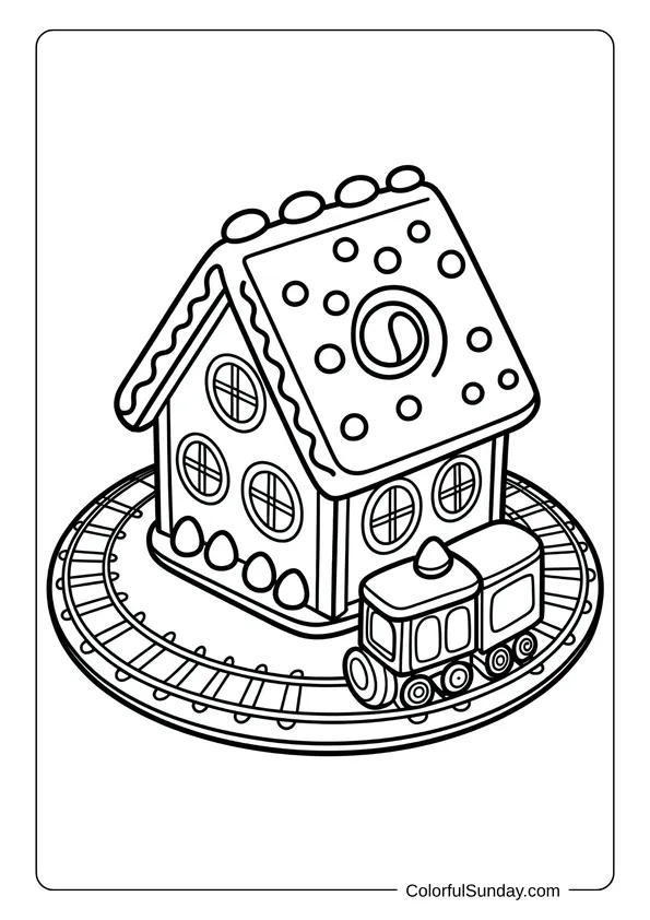A gingerbread house sits in the center of a toy train track with a small train circling it in this coloring page.