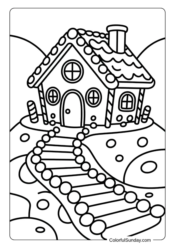 A sweet gingerbread house with a path made of round candies creates a fun coloring page scene.