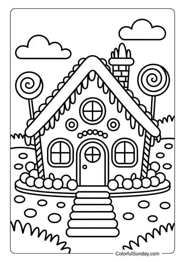 Two giant lollipops stand beside a gingerbread house in a bright outdoor coloring page.