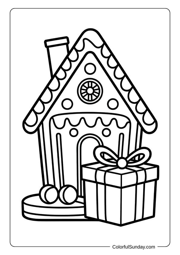 A gingerbread house stands beside a neatly wrapped Christmas present in this cozy coloring page.