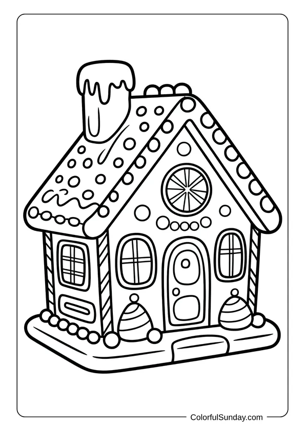 A gingerbread house with icing, candy, and gumdrops covering the roof and walls, illustrated as a preschool Christmas coloring page.