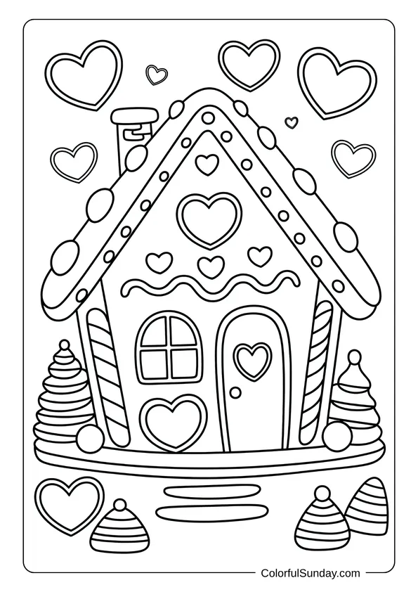 Gingerbread house covered with hearts and candy details in a cute Christmas coloring page.
