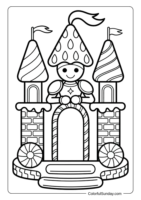 A brave gingerbread knight stands in front of a castle in this fantasy-themed coloring page.