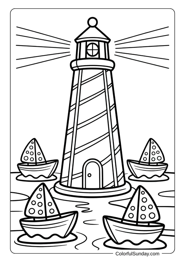 Small boats circle a tall gingerbread lighthouse shining bright light beams in this coloring page.