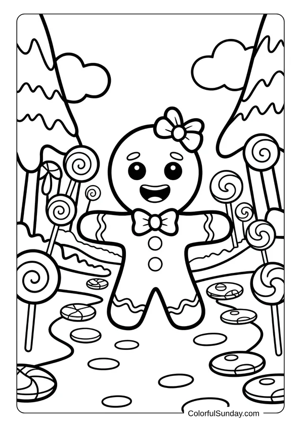 Coloring page of a happy gingerbread man standing on a candy path with lollipops and trees behind him.