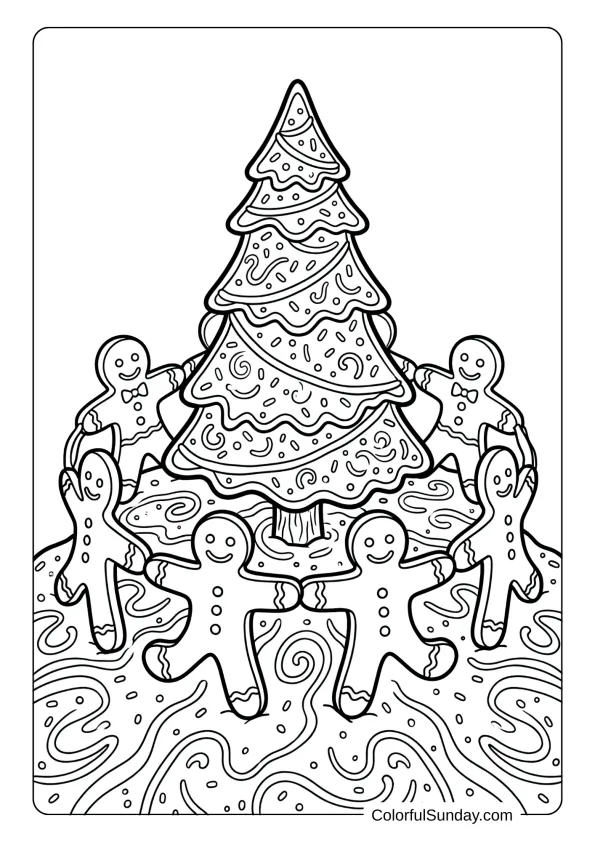 Gingerbread men holding hands dancing around a coloring page Christmas tree with frosting and sprinkles everywhere