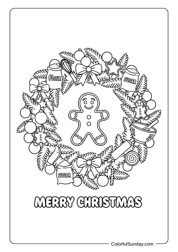 A coloring page of a Christmas wreath with a gingerbread man cookie decoration.