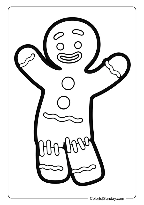 This gingerbread man coloring page shows a cookie character raising both arms in joy.