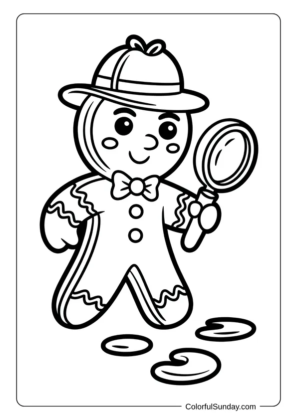 A gingerbread man detective follows cookie crumb clues with a magnifying glass in this fun coloring page.
