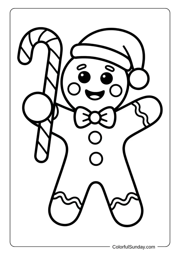 Smiling gingerbread man holding a candy cane and wearing a Santa hat in a Christmas coloring page.