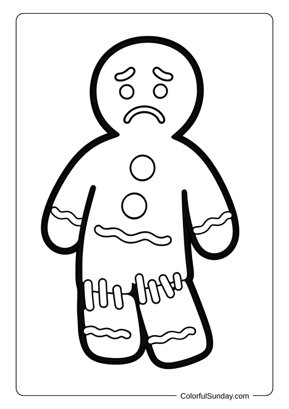 A sad gingerbread man stands alone with a frown, featured in a coloring page.