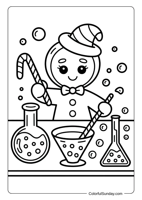 A gingerbread scientist mixes potions with candy canes in a lively coloring page.