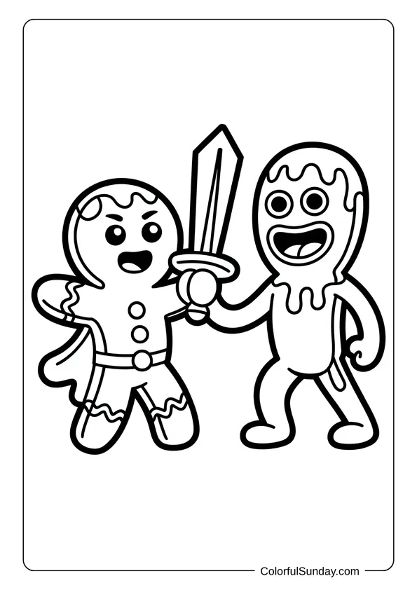 Two gingerbread characters clash with a sword in a fun action scene, shown as a coloring page.