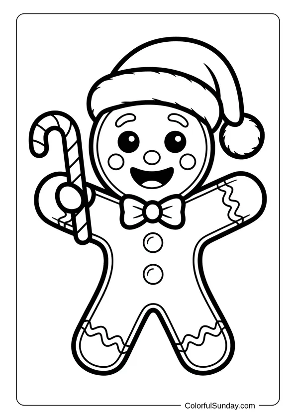 A cheerful gingerbread man wearing a Santa hat and holding a candy cane, in a Christmas coloring page.