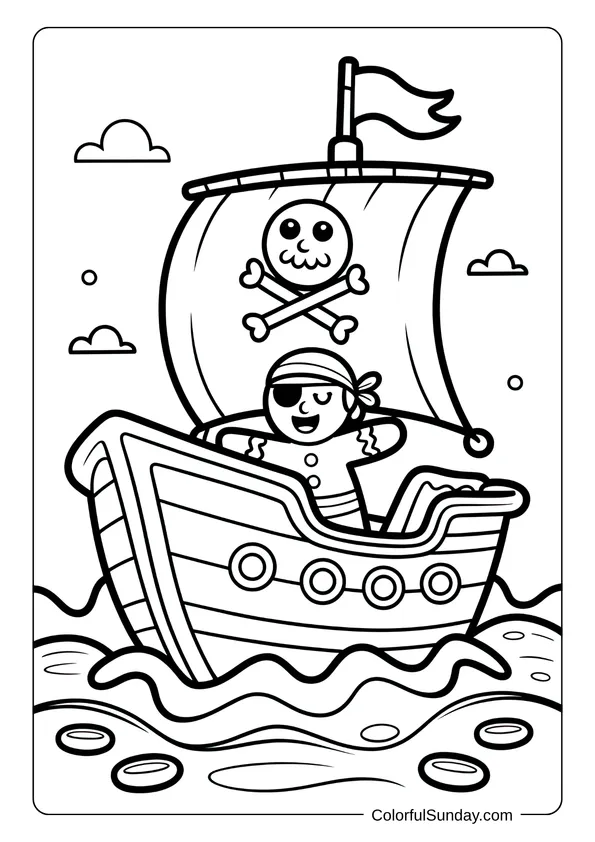 A pirate-themed gingerbread character sails a boat with a skull flag in this playful coloring page.