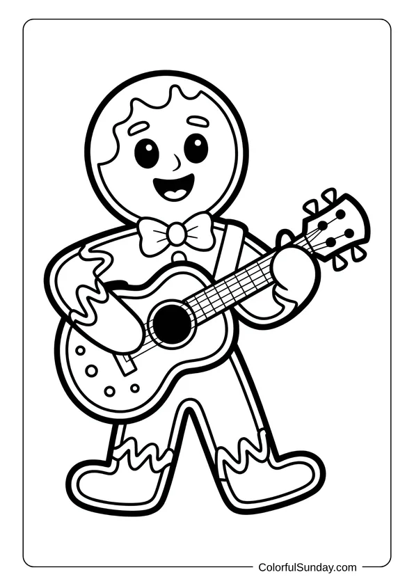 A gingerbread man happily plays a guitar, and the scene appears as a coloring page.