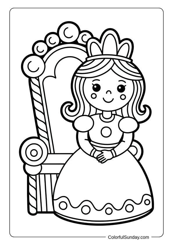 A gingerbread princess sits on a royal candy throne in a sweet and charming coloring page.